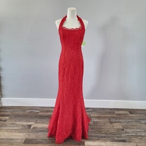 NWT Red Lace Mermaid Prom Dress Halter Formal Gown Size 9 Zum Zum